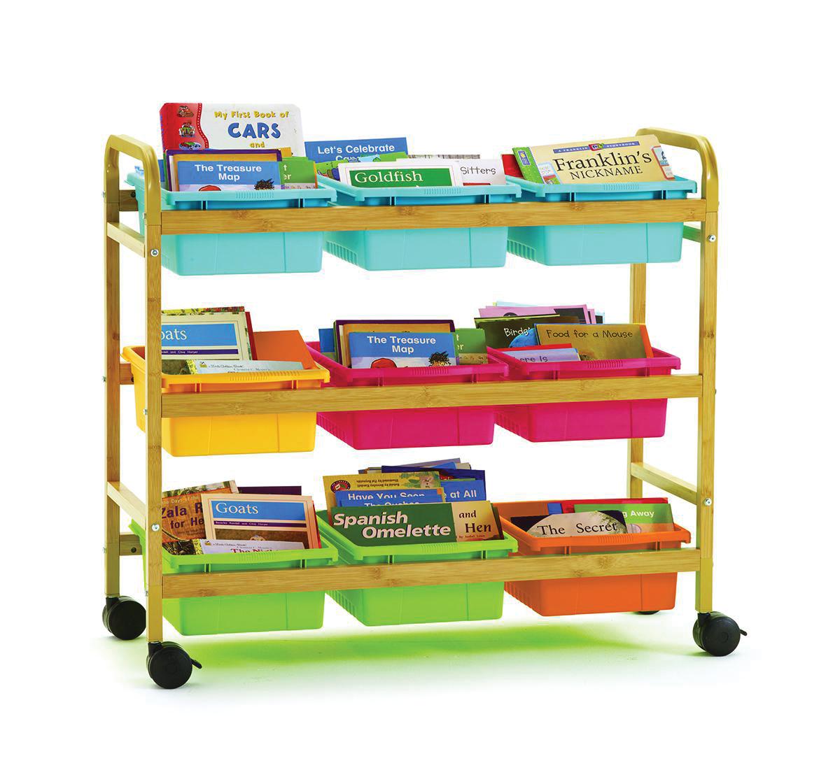  Bamboo Book Browser Cart with Vibrant Tubs 